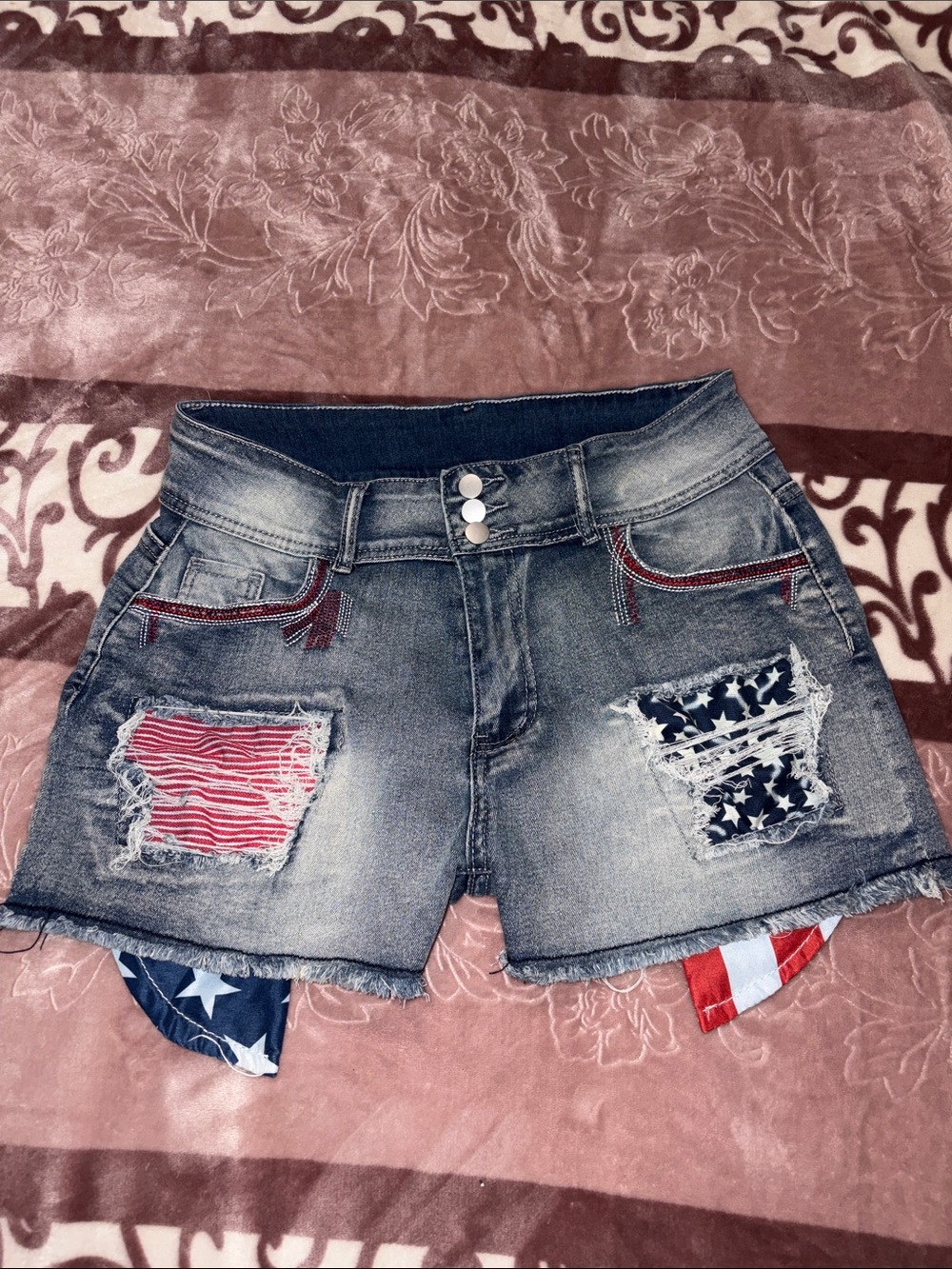 NWOT Distressed Women's Denim Jean Shorts with Flag Patch Detail - Blue